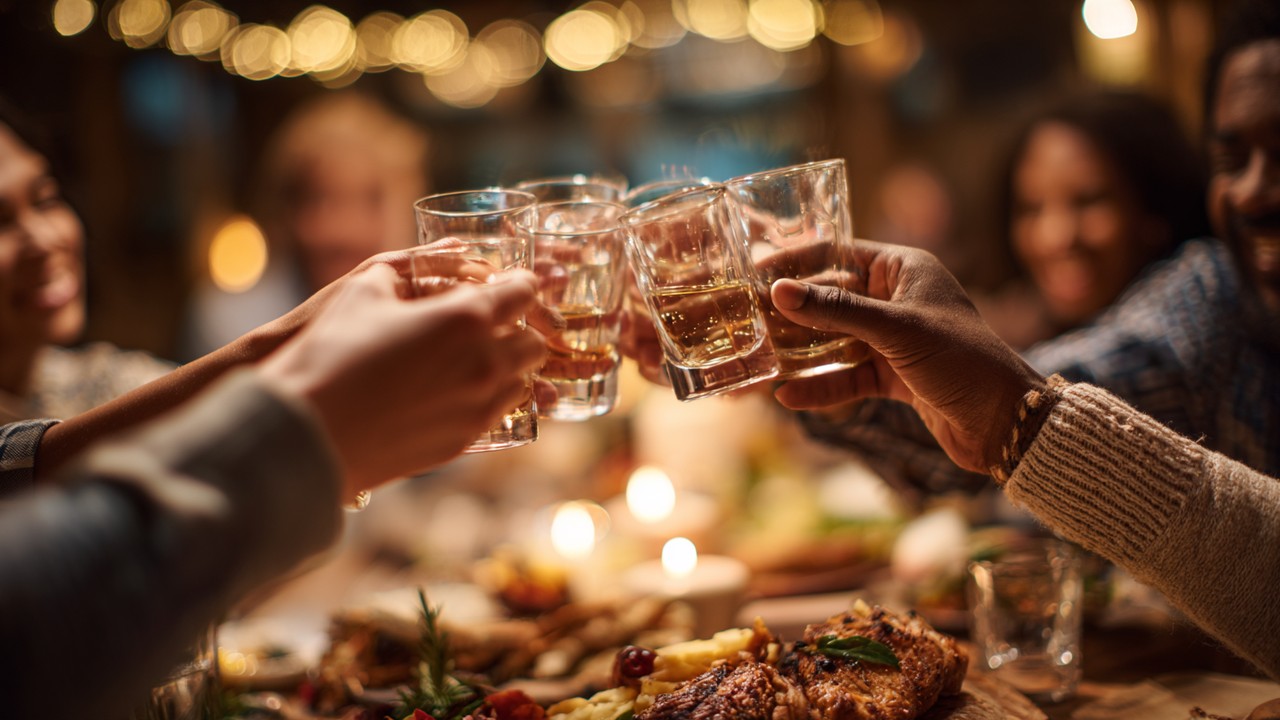 Farklı insanların elleriyle rakı bardaklarını tokuşturduğu, Türk meze sofrasıyla dostluk ve kutlama anını simgeleyen yakın çekim.