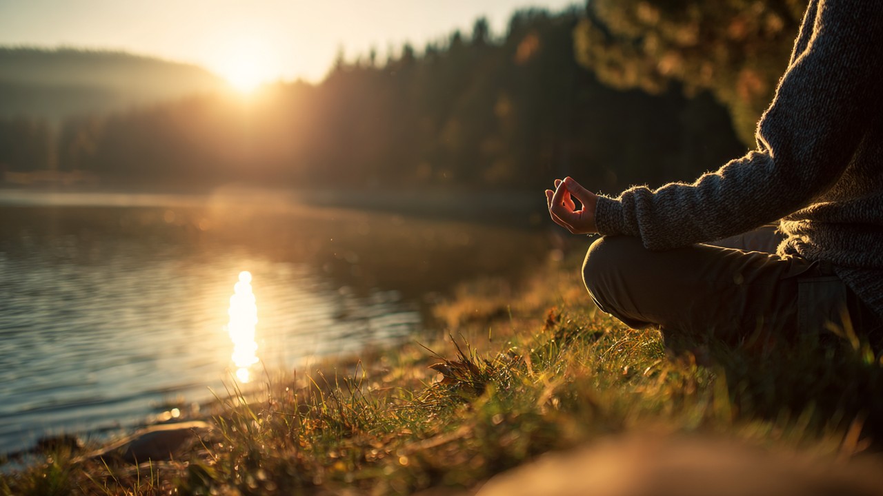 Gün batımında doğada meditasyon yapan kişi, huzur ve ruh sağlığını simgeleyen sakin bir ortamda, doğa ve mindfulness uyumu.