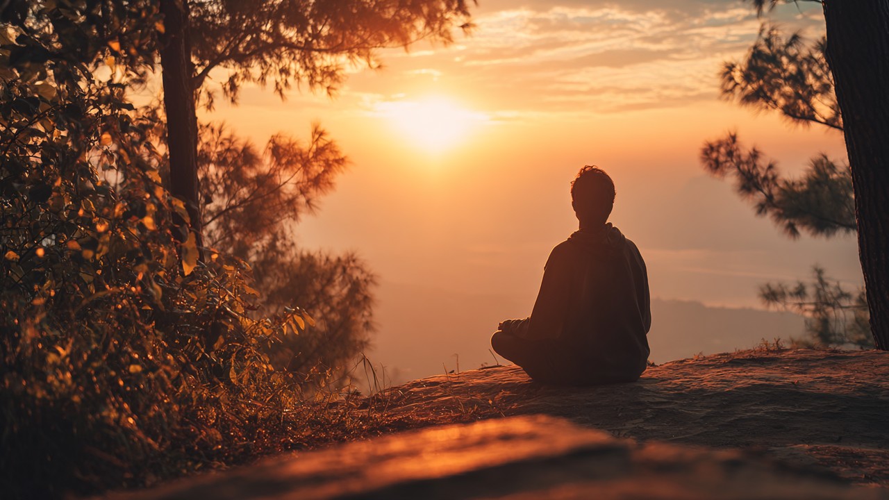 Güneş doğarken doğada meditasyon yapan kişi, farkındalık ve duygusal denge ile kişisel gelişim simgeleriyle huzurlu ve umut dolu anlar.