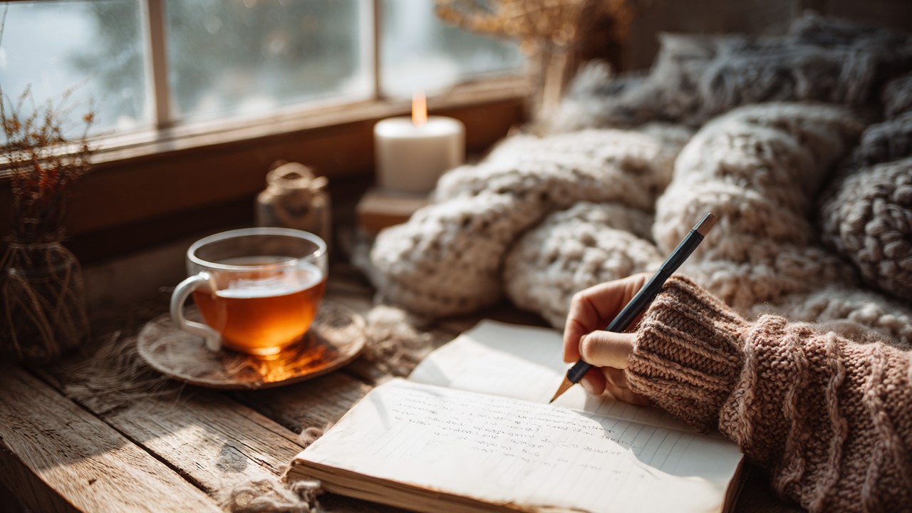 Güneş ışığıyla aydınlanan ahşap masada günlük tutan kişi, çay ve yumuşak battaniyelerle rahat ve huzurlu bir ortamda meditasyon ve günlük journaling yapıyor.