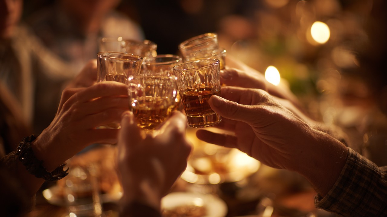 İki elin rakı kadehleri kaldırdığı, geleneksel Anadolu meyhane ortamında 'şerefe' anını simgeleyen samimi ve sıcak detaylar.