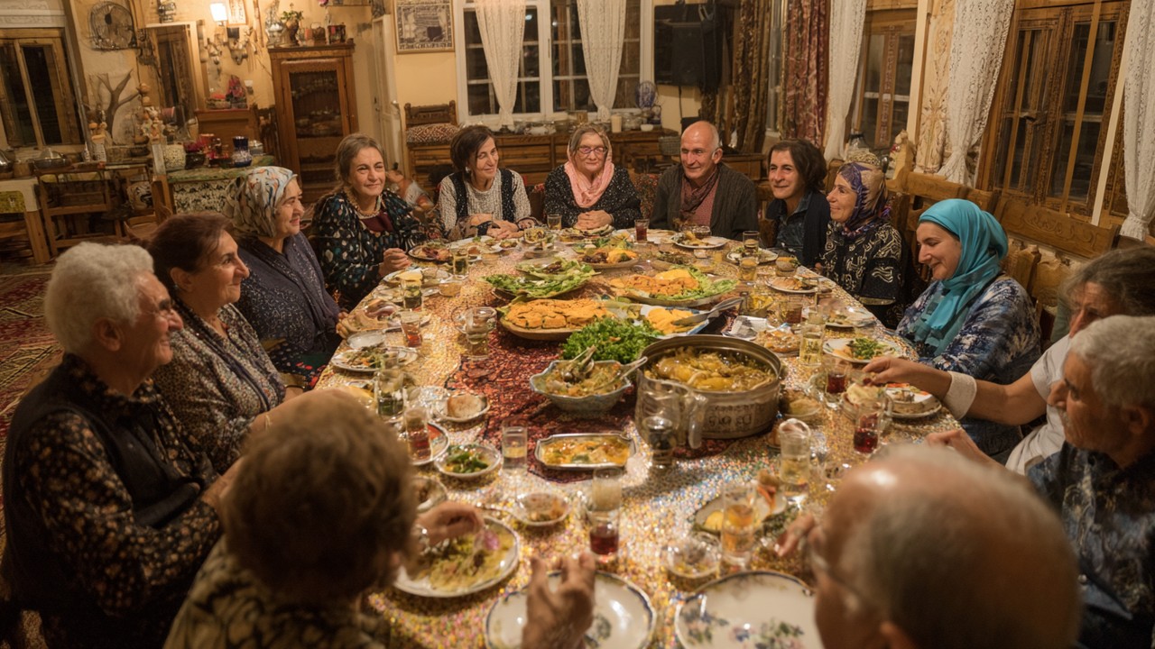 Kalabalık Türk rakı sofrasında farklı nesillerin bir arada, yemek ve içki paylaşıp samimi sohbet ettiği geleneksel ev ortamı.
