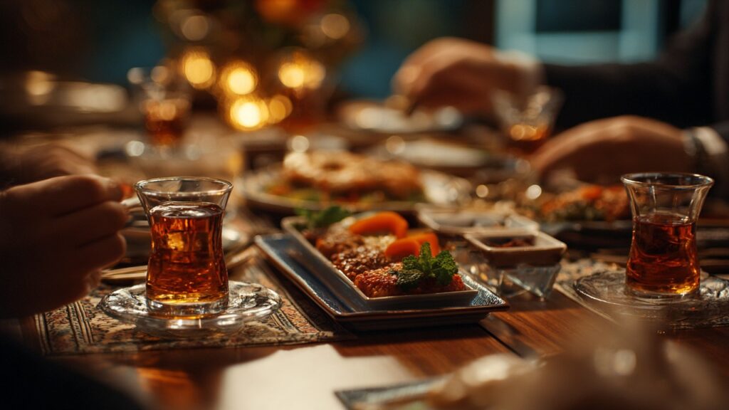 Klasik Türk sofrasında rakı ve meze, yakın çekim el hareketleriyle samimi ve şık kültürel yemek ortamı