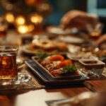 Klasik Türk sofrasında rakı ve meze, yakın çekim el hareketleriyle samimi ve şık kültürel yemek ortamı