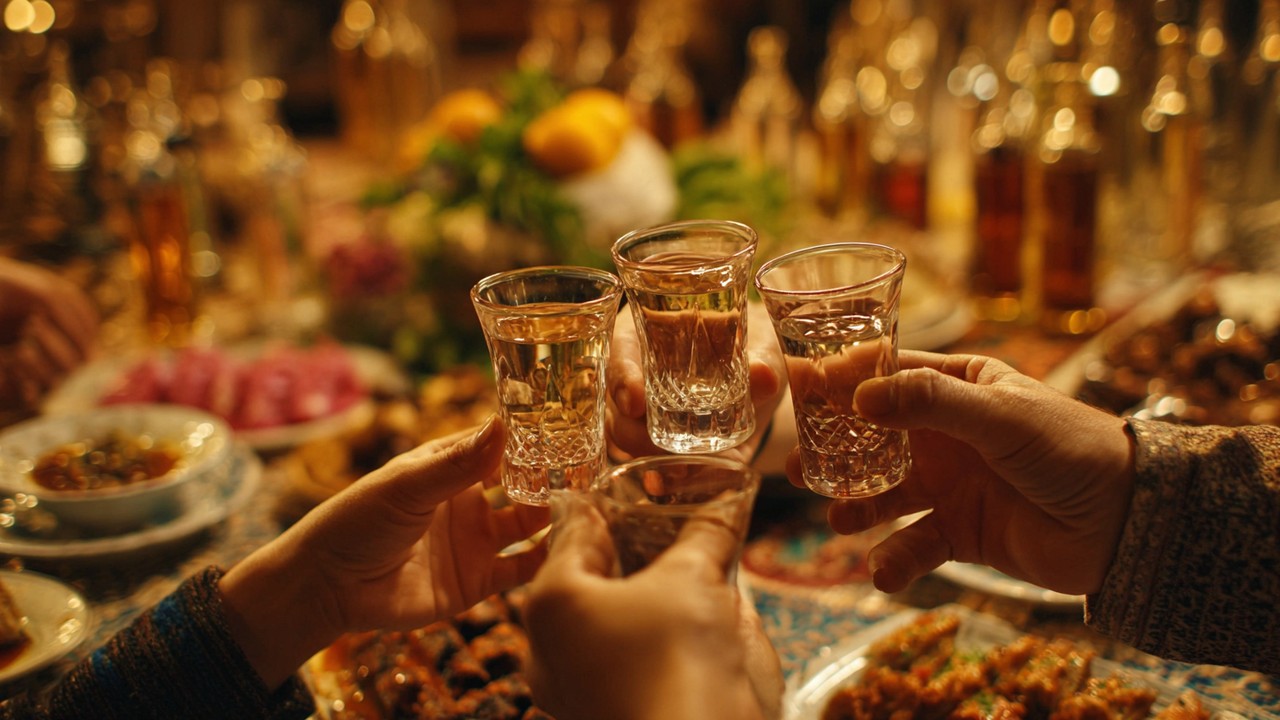 Küçük rakı bardaklarının şıkçe tokuşturulması, geleneksel Türk sofrasında meze ve rakı ile birlik ve saygı anı.