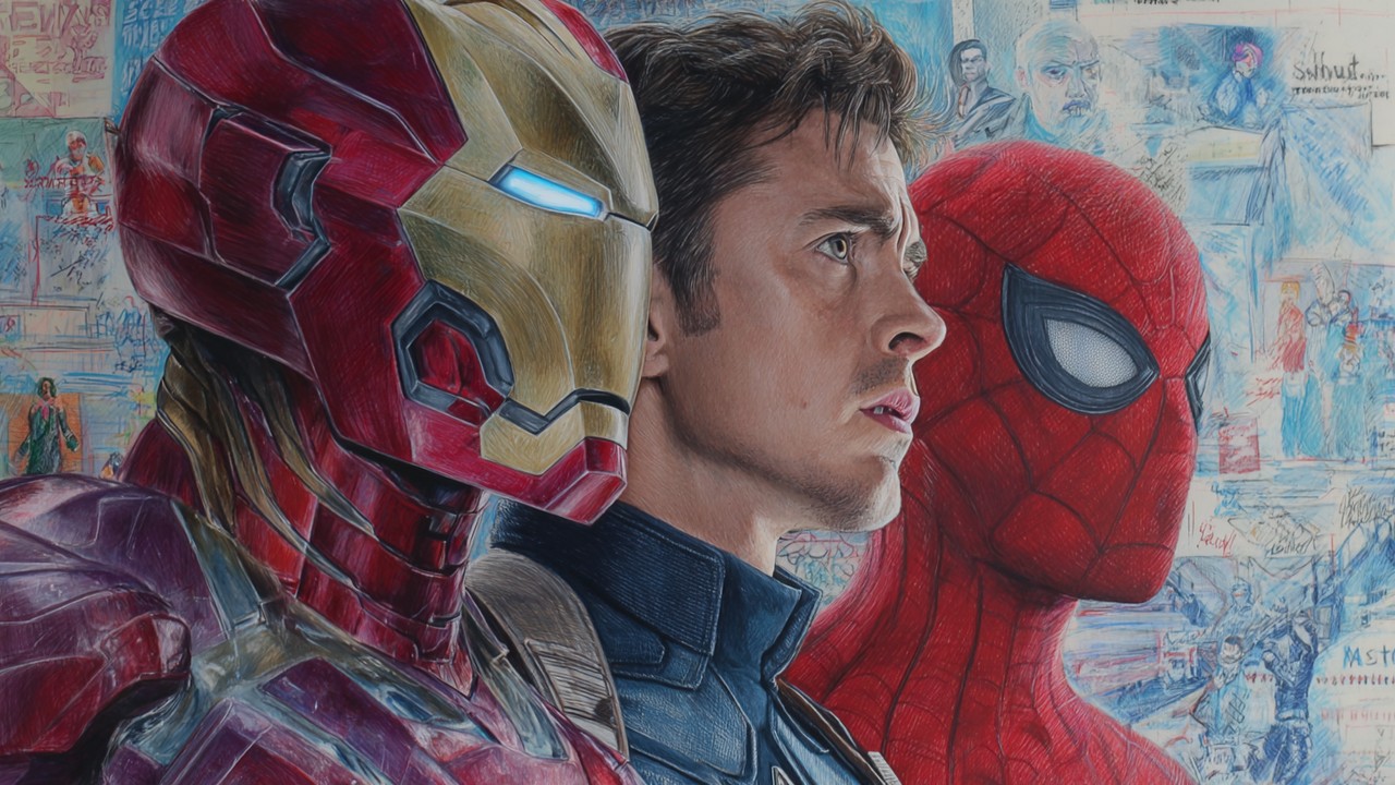 Marvel kahramanları Iron Man, Captain America ve Spider-Man birlikte duruyor, birlik ve kahramanlık temalarını yansıtan detaylı ve gerçekçi kompozisyon.