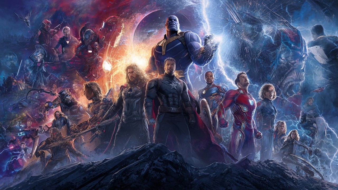 Marvel süper kahramanlarının aksiyon ve içsel çatışma anlarını gösteren, kozmik arka planlı dinamik ve ilham verici kolaj.