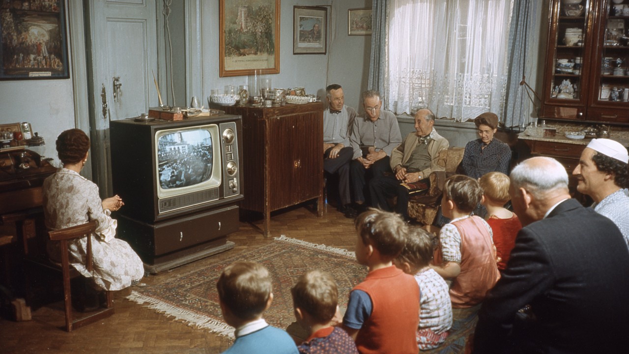 Mid-20. yüzyıl Türk oturma odasında aile, eski televizyon izlerken, dönem mobilyaları ve kıyafetlerle, mizah ve televizyon kültürünü yansıtan sahne.