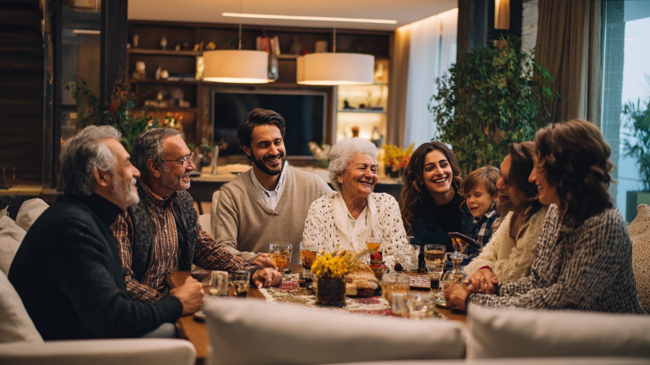 Modern evde rakı masasında gülümseyen çok kuşaklı Türk ailesi ve arkadaşlar, kültürel bağları ve neşeyi paylaşıyor.