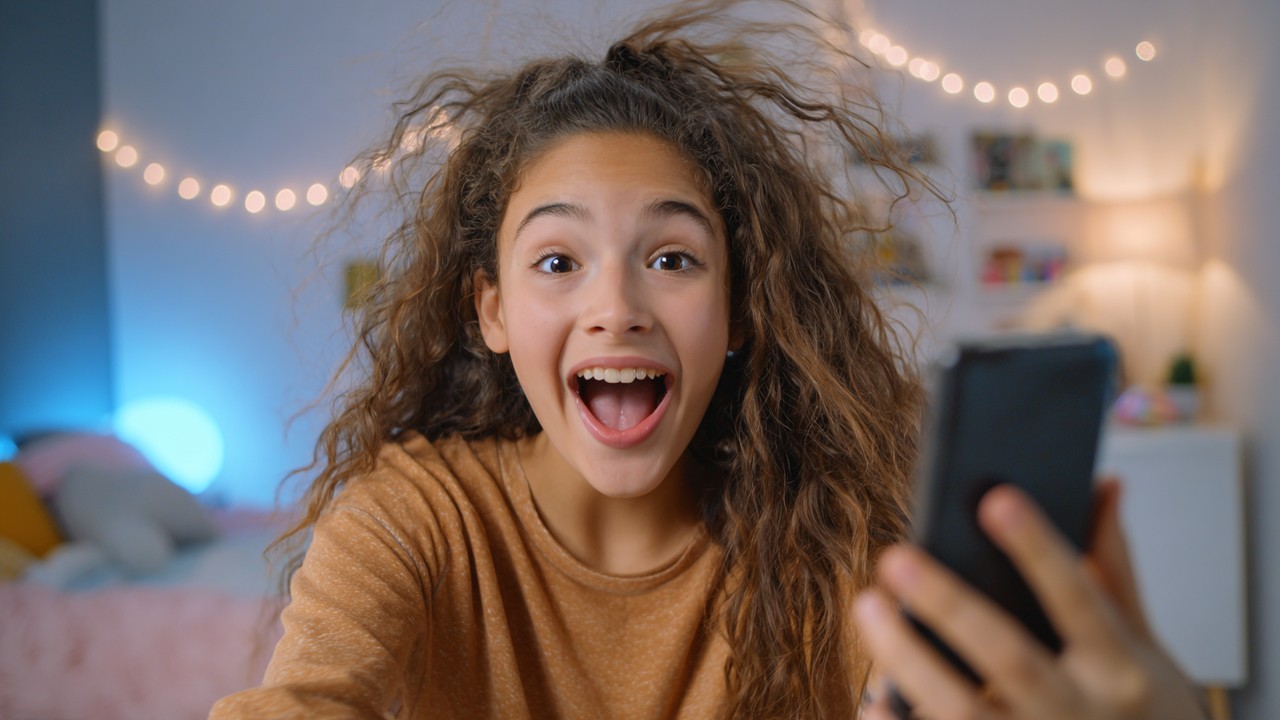 Modern odada, genç kişinin akıllı telefonla komik kısa video kaydı yaparken enerjik ve ifadeli yüz ifadesi, içerik oluşturma.