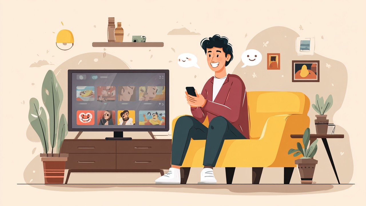 Modern oturma odasında genç bir kişi büyük ekran TV'de komedi dizisi izlerken akıllı telefonuyla sosyal medya kullanıyor, rahat dekorla çevrili.
