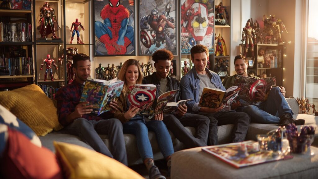 Modern oturma odasında Marvel çizgi romanları okuyan ve süper kahraman filmleri izleyen çeşitli insanlar, koleksiyon figürleri ve Marvel posterleriyle.