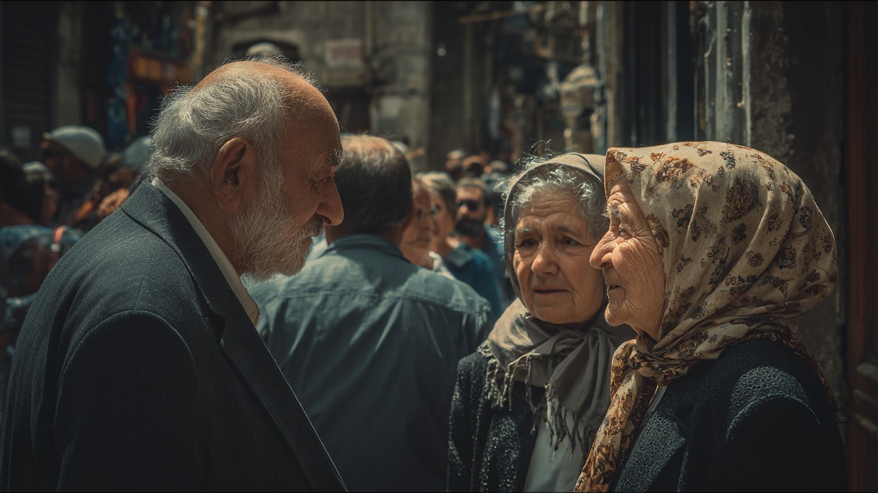 Modern Türkçe sokak sahnesi, farklı yaşlardan insanların Osmanlı mirasıyla iç içe samimi sohbetleriyle canlı şehir ortamı.
