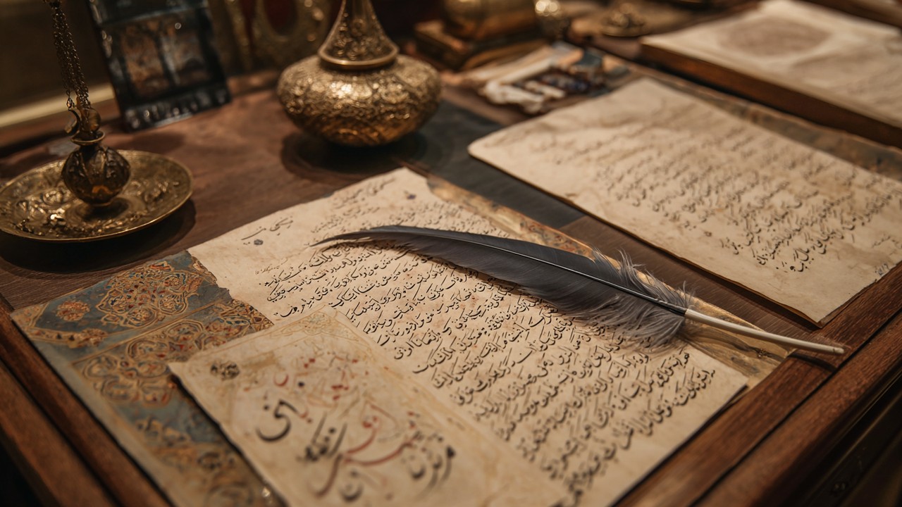 Osmanlı dönemi şiir el yazması, ince hat ve süslemelerle, eski kağıt üzerinde, tüy kalem ve mürekkep şişesiyle klasik Türk şiir mirasını yansıtıyor.