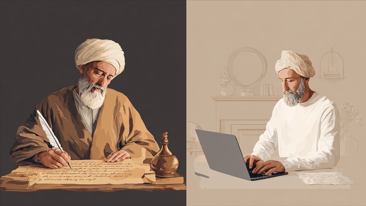Osmanlı hatip ve modern şairin, geleneksel ve modern Türkçe şiir yazma tarzlarını gösteren yan yana görüntüsü, şiirin evrimini simgeliyor.