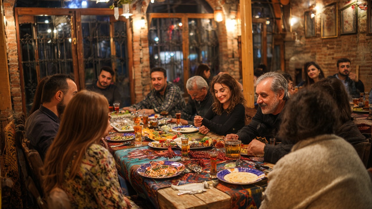Rakı ve çeşitli mezelerle dolu rustik masa, samimi arkadaşlar ve sıcak atmosfer, geleneksel Türk meyhane ortamı.