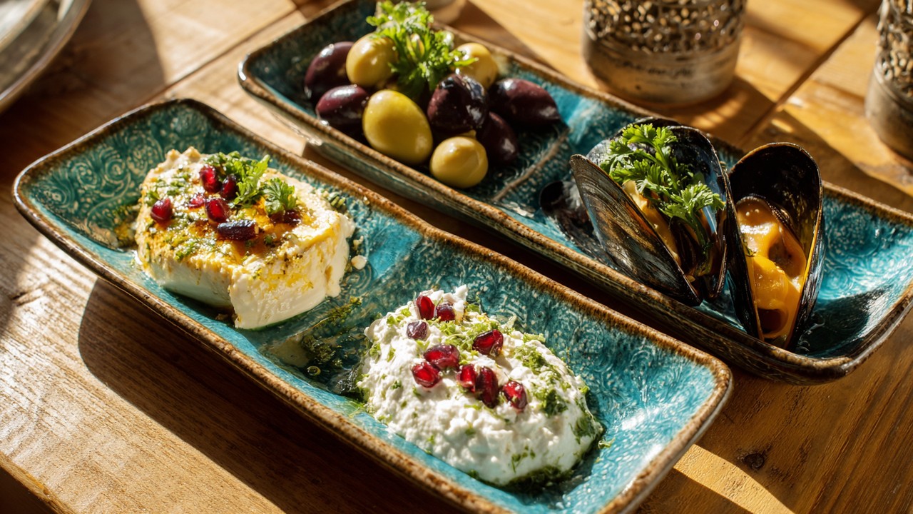Rustik ahşap masada şık seramik tabaklarda haydari, beyaz peynir, midye dolma ve bakla meze çeşitleri, doğal gün ışığında canlı renkler.