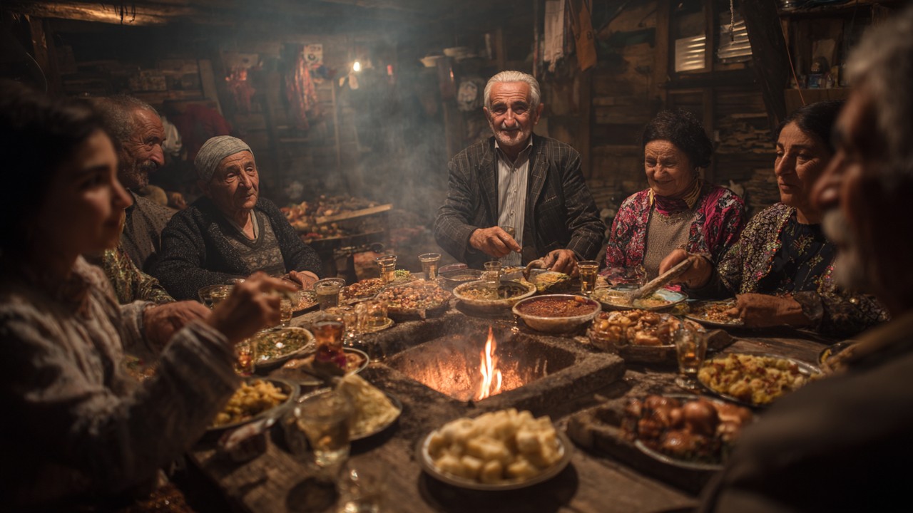 Rustik bir ortamda, çok nesilli dostlar ve aile üyeleriyle rakı sofrasında yemek, müzik ve samimi bağlar kuran geleneksel Türk rakı kültürü.