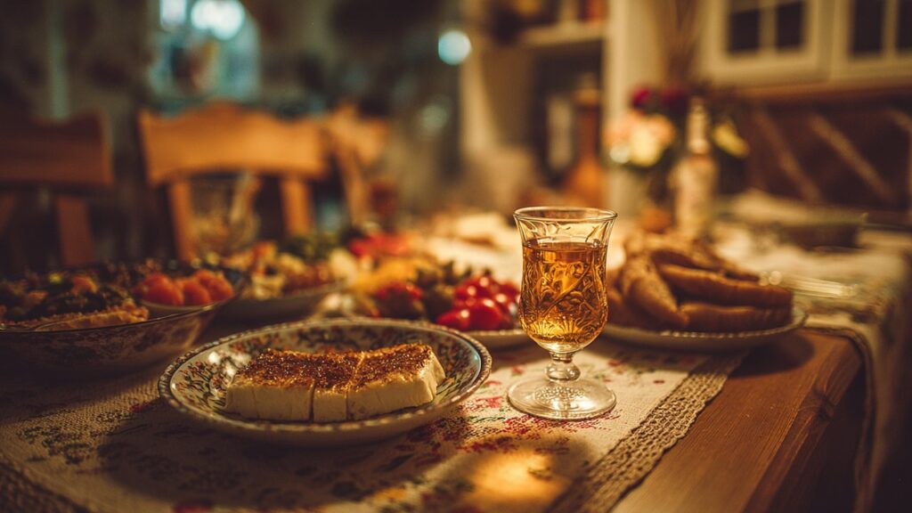 Rustik ev ortamında sıcak aydınlatmalı Türk rakı sofrası, meze tabakları ve rakı bardağıyla samimi akşam yemeği.