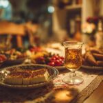 Rustik ev ortamında sıcak aydınlatmalı Türk rakı sofrası, meze tabakları ve rakı bardağıyla samimi akşam yemeği.