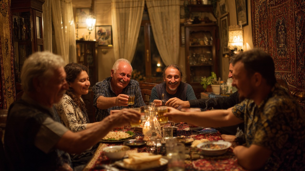 Samimi arkadaşlar arasında geleneksel Türk rakı sofrası, sıcak ve samimi ortamda sohbet ve paylaşımla dolu.
