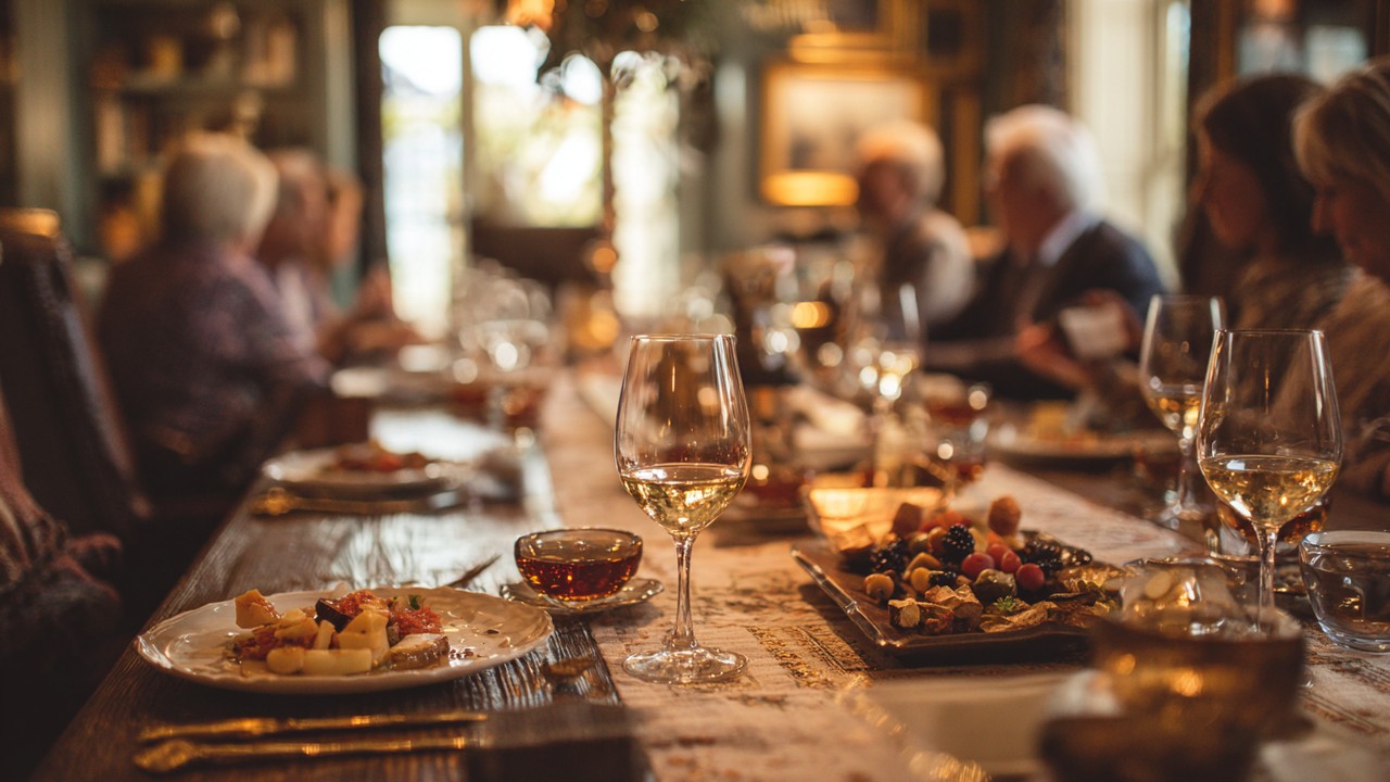 Samimi bir Türk rakı sofrasında rakı bardakları, meze tabakları ve arkadaşların sohbet ettiği sıcak, loş bir ortam.