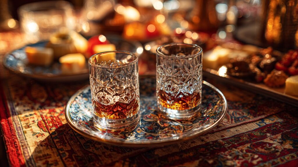 Samimi ortamda Türk rakı bardakları, meze tabakları ve sıcak aydınlatmayla güzel bir masa düzeni.
