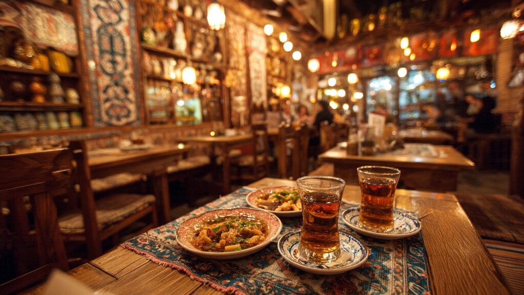 Samimi Türk meyhane iç mekanı, meze tabakları, rakı ve buzlu suyla, canlı sohbet ve geleneksel dekoratif detaylar.