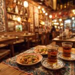 Samimi Türk meyhane iç mekanı, meze tabakları, rakı ve buzlu suyla, canlı sohbet ve geleneksel dekoratif detaylar.