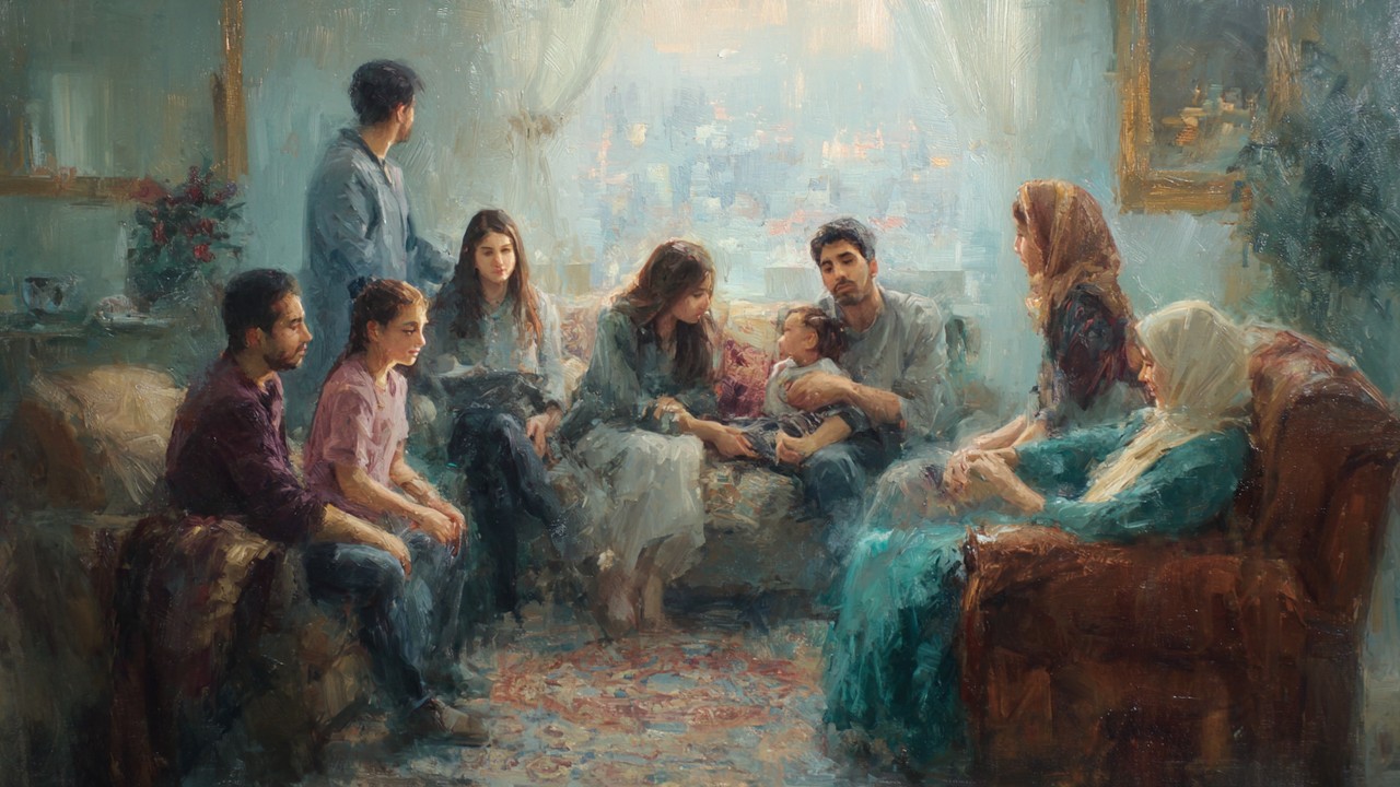 Samimi ve sıcak bir Türk aile ve gençler, modern oturma odasında etkileşimde, günlük yaşam ve sosyal dinamikleri yansıtan gerçekçi sahne.