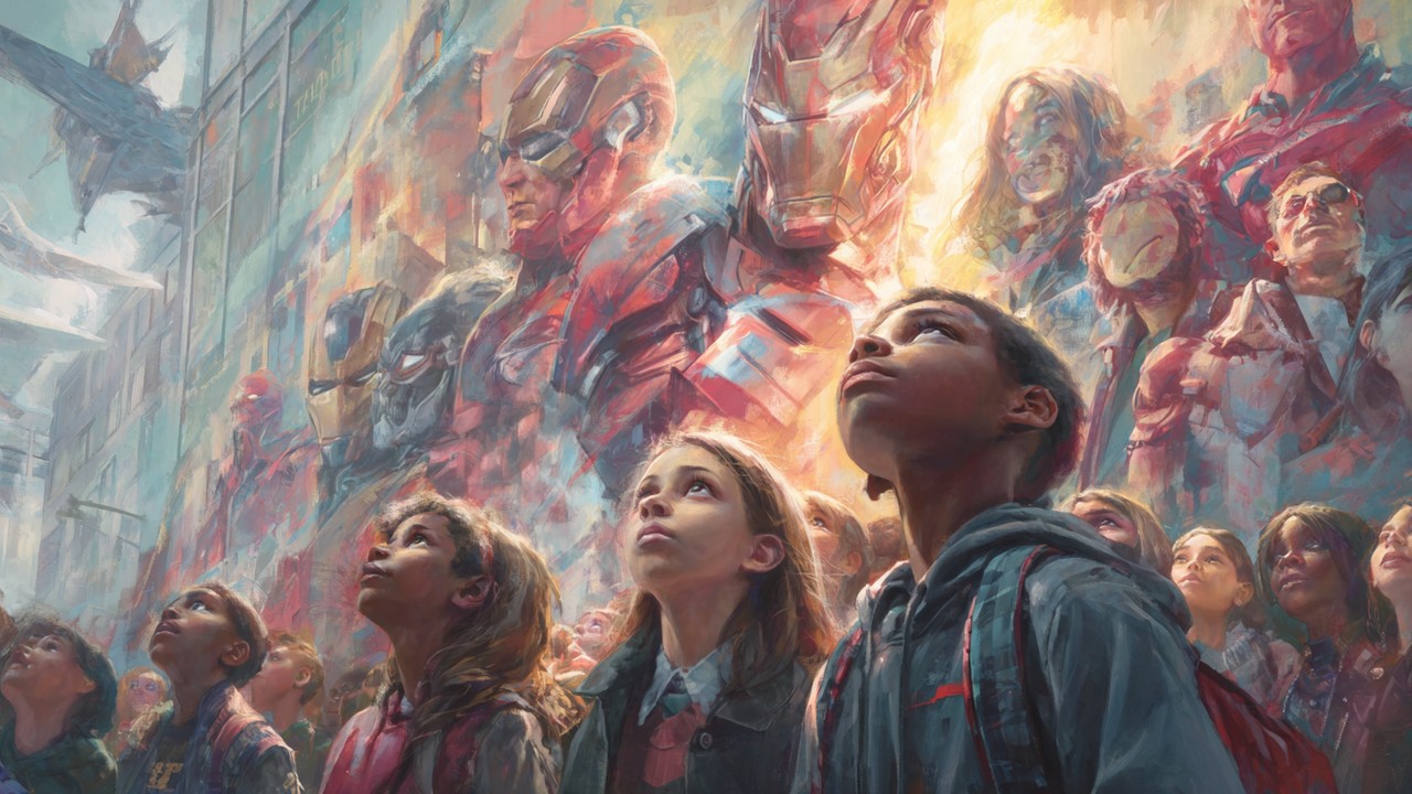 Şehirde büyük Marvel kahraman duvar resimlerine bakarken farklı yaş ve geçmişlerden ilham alan insanların umut dolu ve motive edici anları.