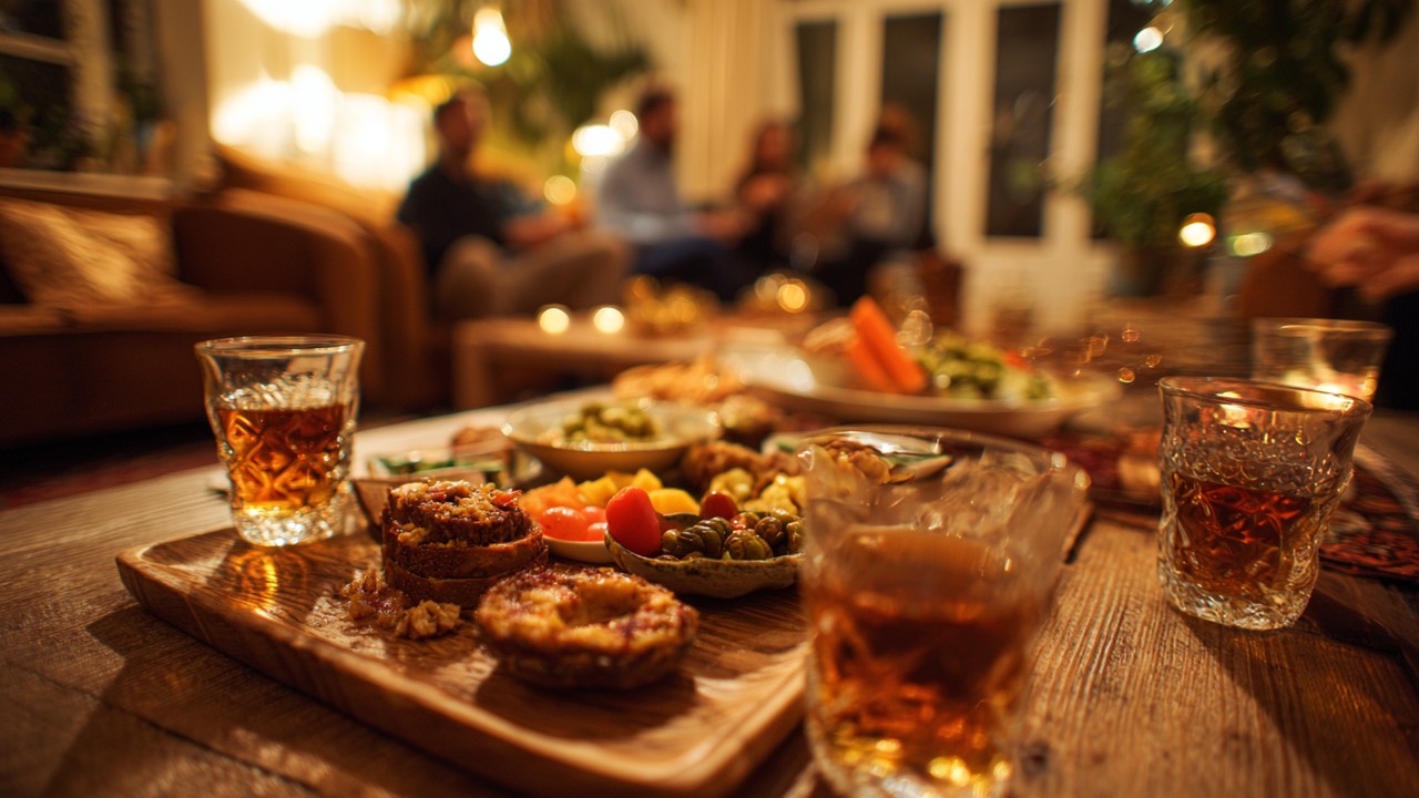 Sıcak ve samimi ortamda geleneksel mezze ve rakı bardaklarıyla arkadaşların keyifli sohbet ettiği Türk rakı masası.