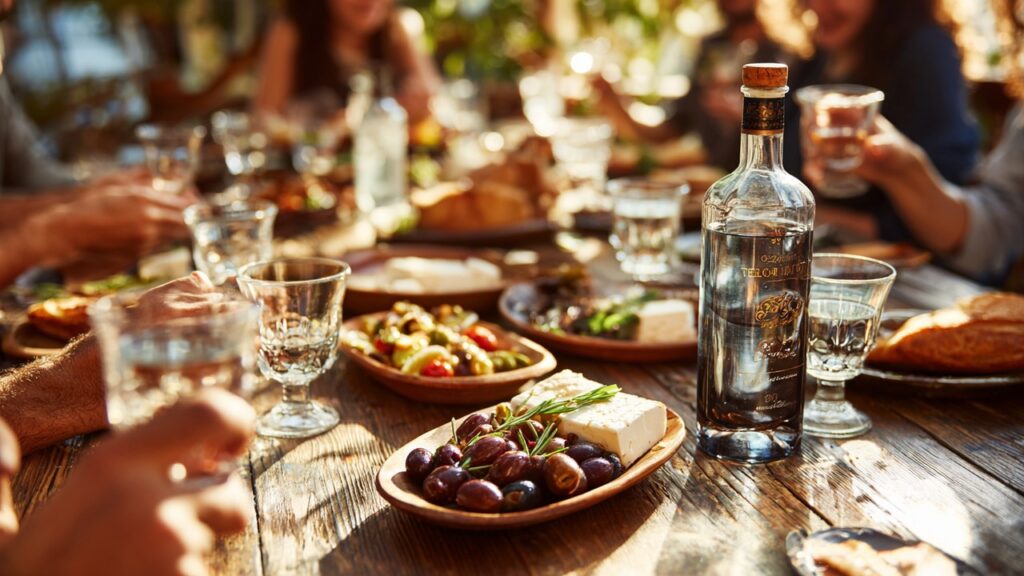 Sıcak ve samimi Türk masası, rakı şişesi, meze tabakları ve çeşitli insanların canlı sohbet ettiği an.