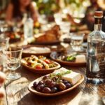 Sıcak ve samimi Türk masası, rakı şişesi, meze tabakları ve çeşitli insanların canlı sohbet ettiği an.
