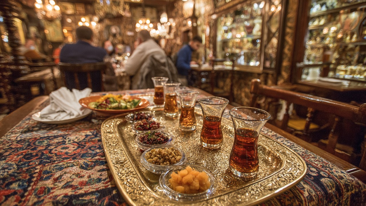 Şık bir Türk restoranında geleneksel rakı masası, mezeler, rakı bardakları ve turistler, kültürel dekorasyon ve ambient ışıklandırmayla.
