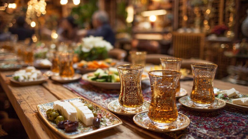 Şık Türk sofra düzeninde rakı bardakları, meze tabakları ve samimi arkadaş grubu, geleneksel Türk kültürü ve misafirperverliği.