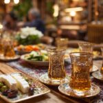 Şık Türk sofra düzeninde rakı bardakları, meze tabakları ve samimi arkadaş grubu, geleneksel Türk kültürü ve misafirperverliği.