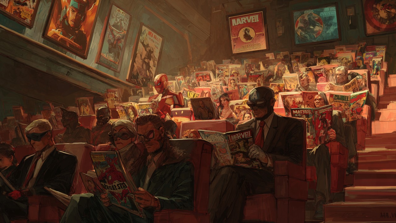 Sinema salonunda Marvel süper kahraman filmi izleyen dikkatli seyirciler ve samimi bir okuma köşesinde açık Marvel çizgi romanlarıyla dolu rahat ortam.