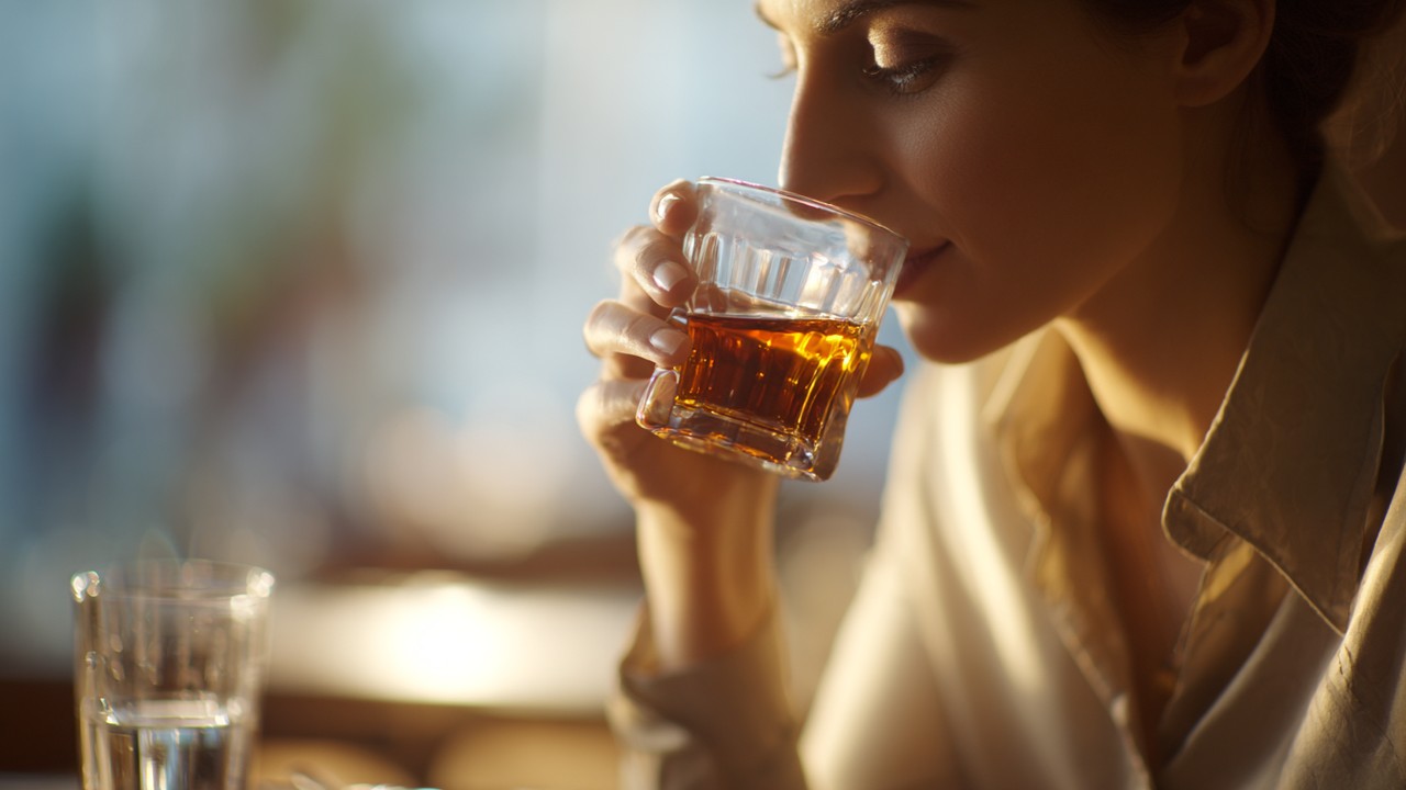 Sofralık ortamda, dikkatle rakı içen ve yanında su bardağıyla sağlıklı, ölçülü rakı keyfi yapan kişi.
