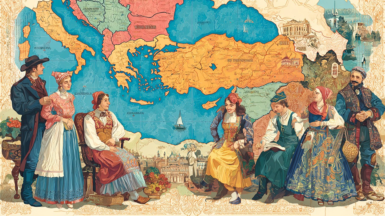 Türkiye haritası üzerinde farklı bölgeleri temsil eden geleneksel kıyafetli insanlar, deyim ve kültürel çeşitliliği gösteriyor.